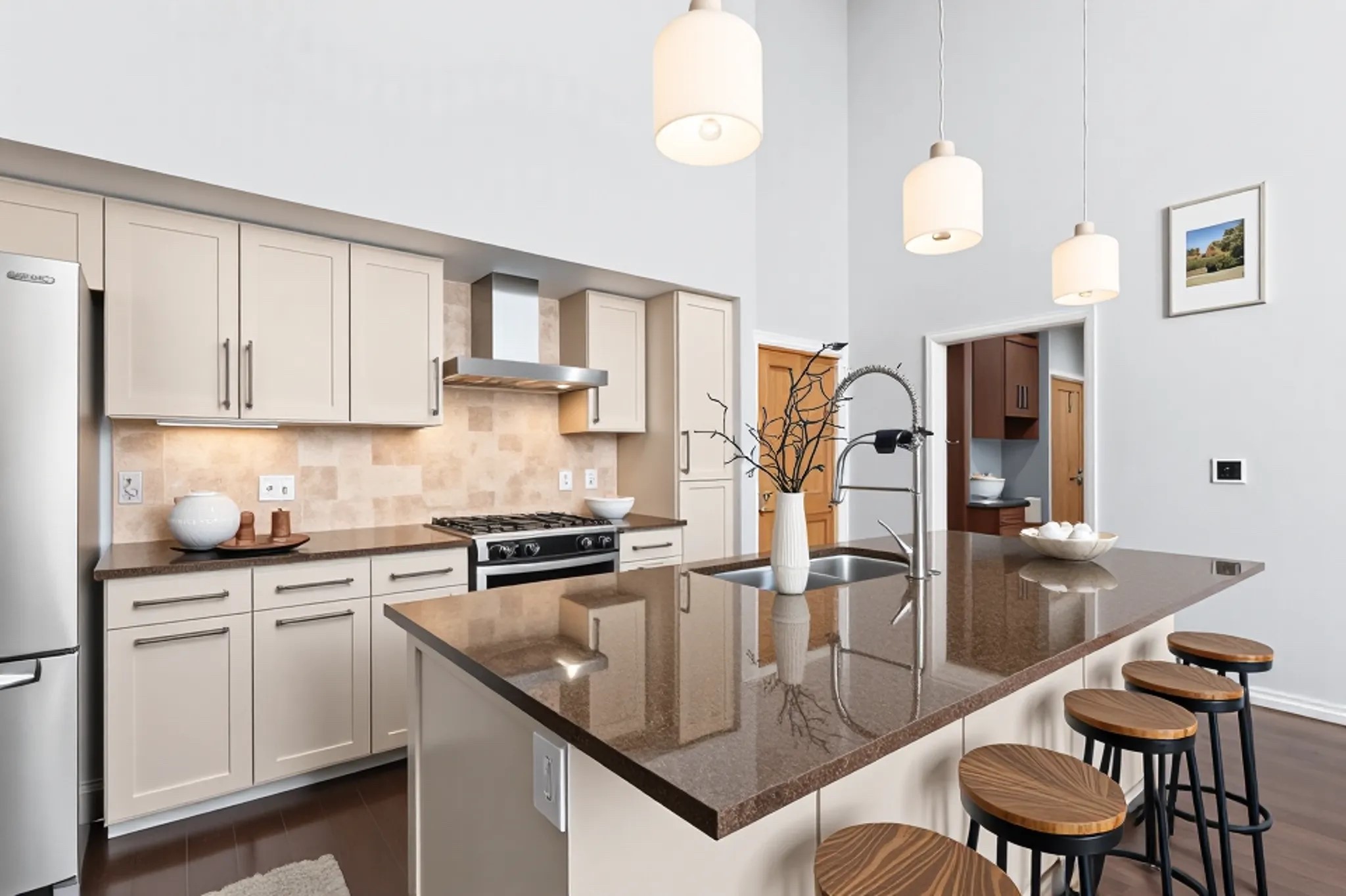 1600 Barton Springs Road, Unit 4602 Austin, TX 78704 - Photo 3 of 39 Virtually Staged Kitchen with backsplash, wall chimney exhaust hood, dark wood-style flooring, dark stone counters, and stainless steel appliances