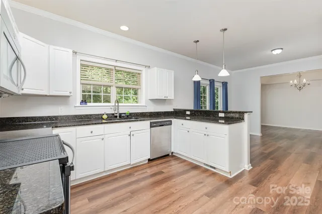 a kitchen with a sink cabinets stainless steel appliances and windows