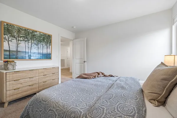 a bedroom with a bed and a closet