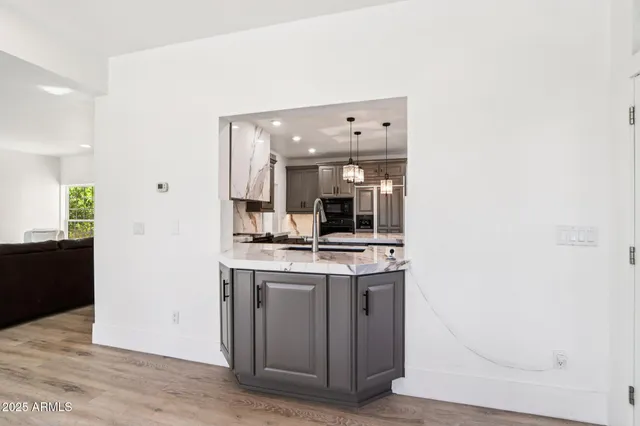 a view of a dining room with furniture