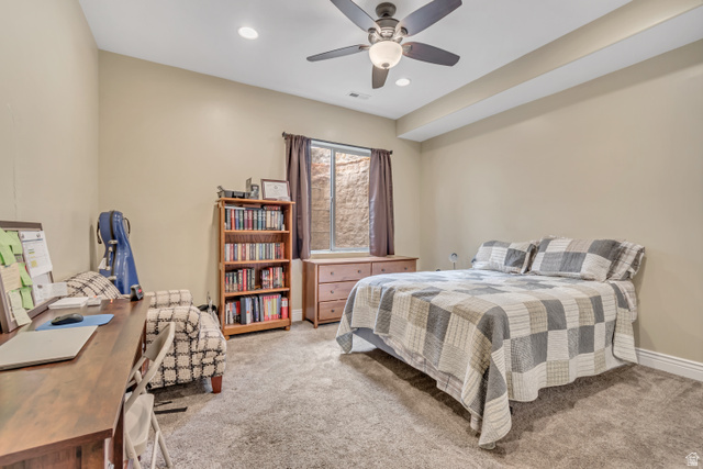 2543 East 700 South Springville, UT 84663 - Photo 52 of 73 Bedroom with light colored carpet, a ceiling fan, and recessed lighting