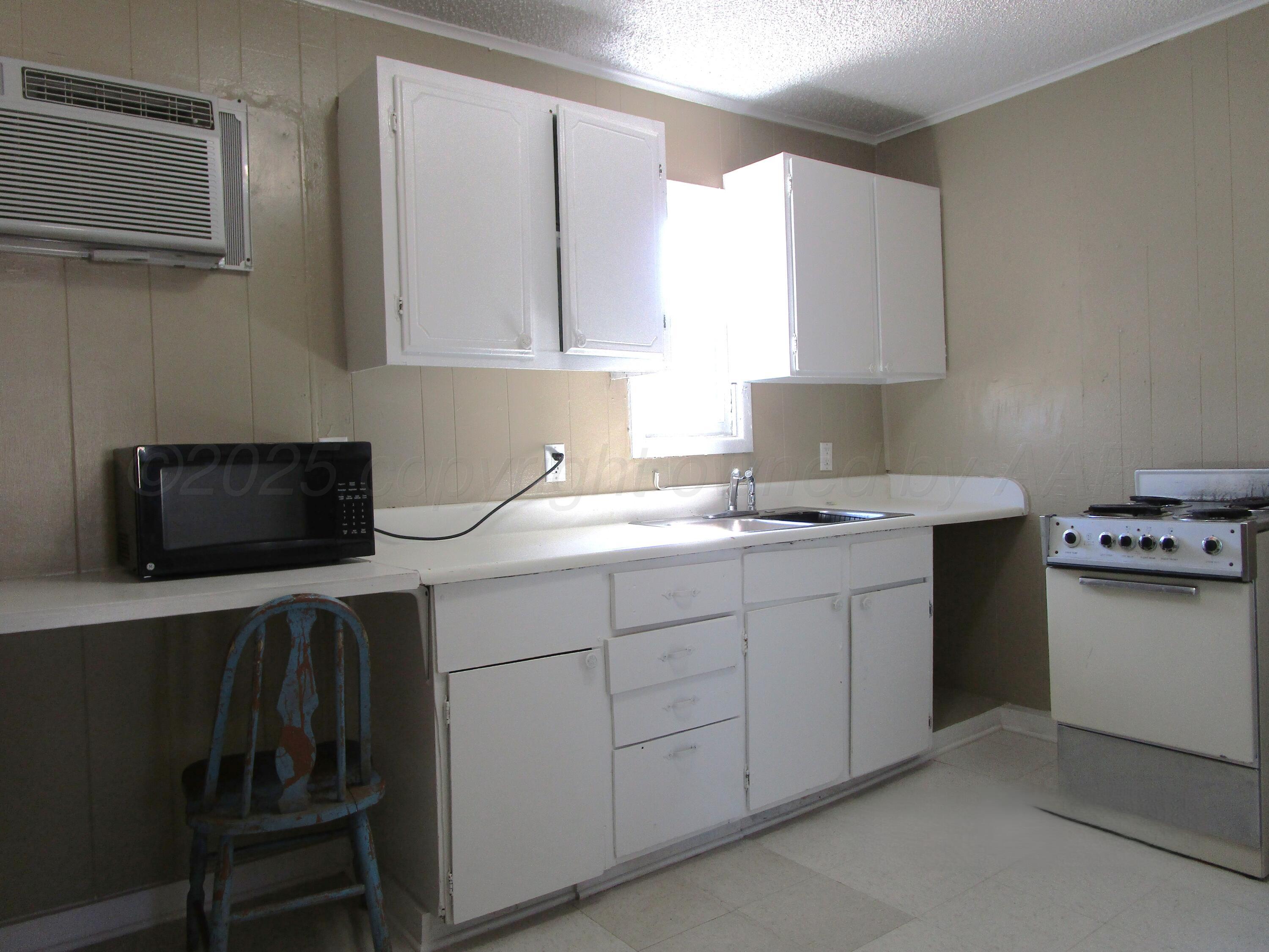 607 West Wilson Street, Unit 1 Borger, TX 79007 - Photo 4 of 6 a kitchen with stainless steel appliances a sink stove and microwave