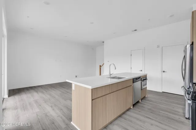 a kitchen with a sink cabinets stainless steel appliances and wooden floor