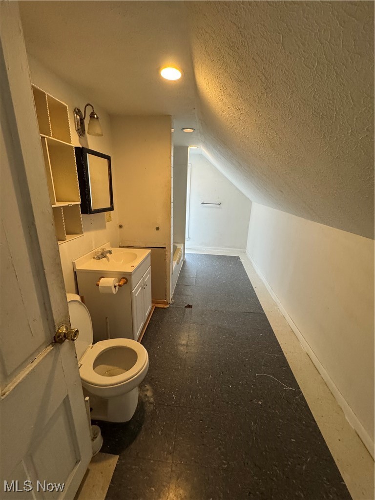 342 West Prospect Road Ashtabula, OH 44004 - Photo 21 of 26 second level full Bathroom with vaulted ceiling, vanity, walk in shower, toilet, and a textured ceiling