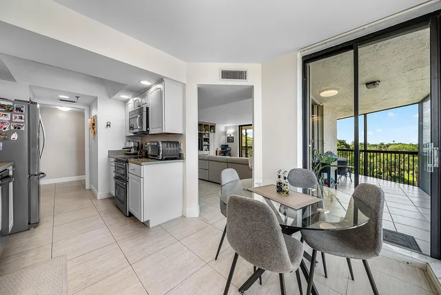 a view of a dining room with furniture window and outside view