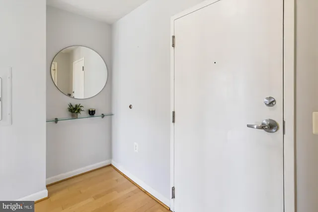 a view of a hallway with wooden floor