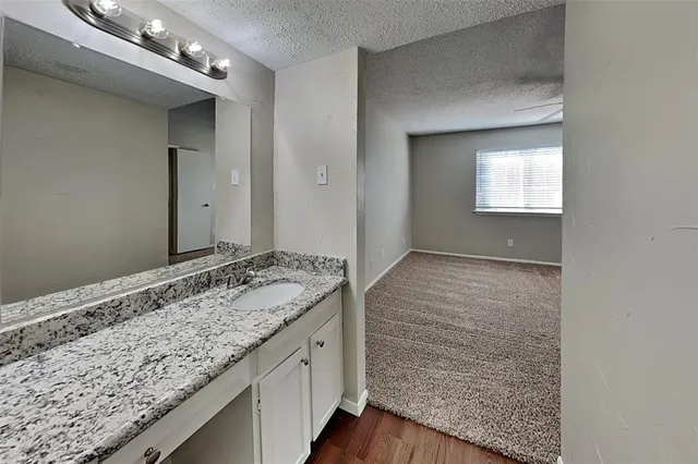 a bathroom with a granite countertop sink and a mirror
