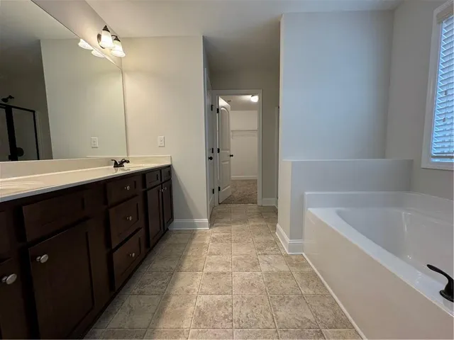a bathroom with a double vanity sink mirror and shower