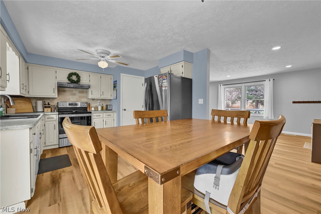 259 East Ohio Avenue Rittman, OH 44270 - Photo 8 of 41 Dining space featuring a textured ceiling, light wood-style flooring, and ceiling fan