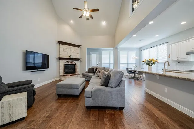 a living room with furniture fireplace and flat screen tv