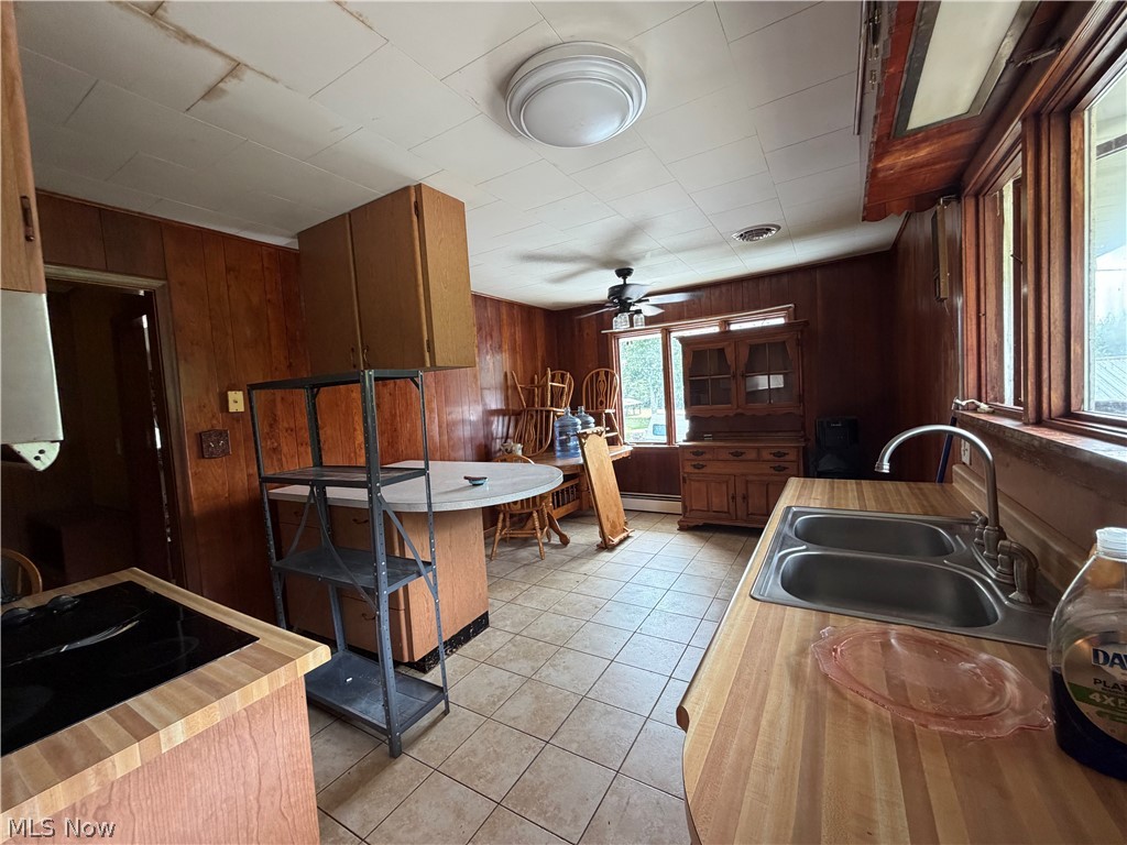 3246 Tabor Ridge Road Northeast Mineral City, OH 44656 - Photo 4 of 29 Tile flooring, wood-paneled walls, ceiling fan, dual basin stainless steel sink, and a built-in cooktop