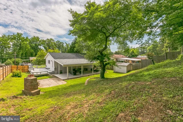 an aerial view of a house with swimming pool garden and patio