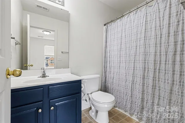 a bathroom with a toilet a sink a mirror and shower curtain