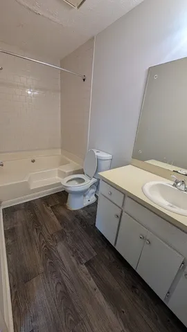 a bathroom with a sink a toilet and bathtub