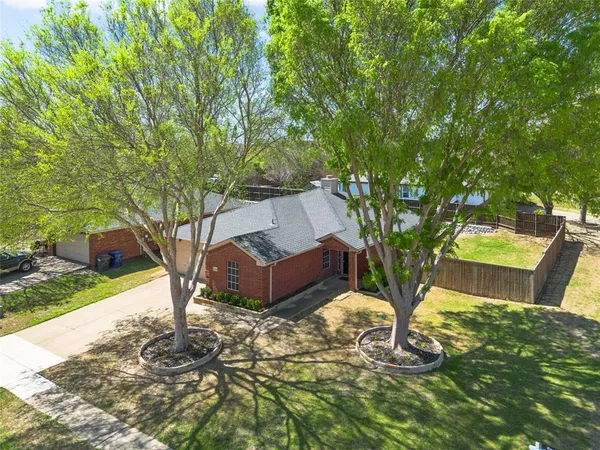a view of a backyard with large trees