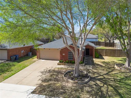 a front view of a house with a yard covered with trees