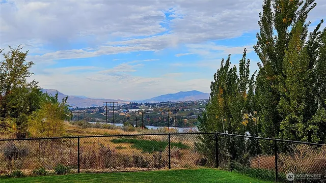 a view of a city with lush green forest