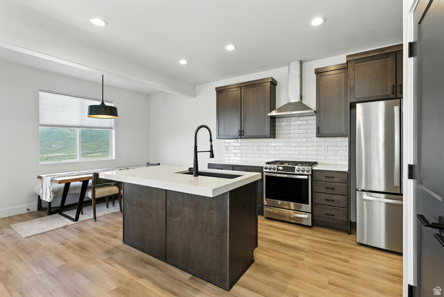 6039 North Westridge Road Heber City, UT 84032 - Photo 3 of 22 Modern kitchen featuring a central island with a white countertop and dark cabinetry