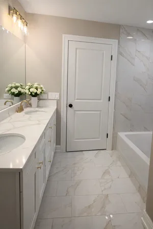 a spacious bathroom with a granite countertop sink a mirror and a bathtub