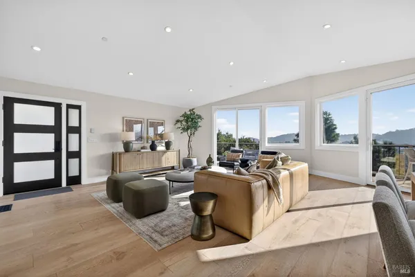 a living room with furniture and a potted plant