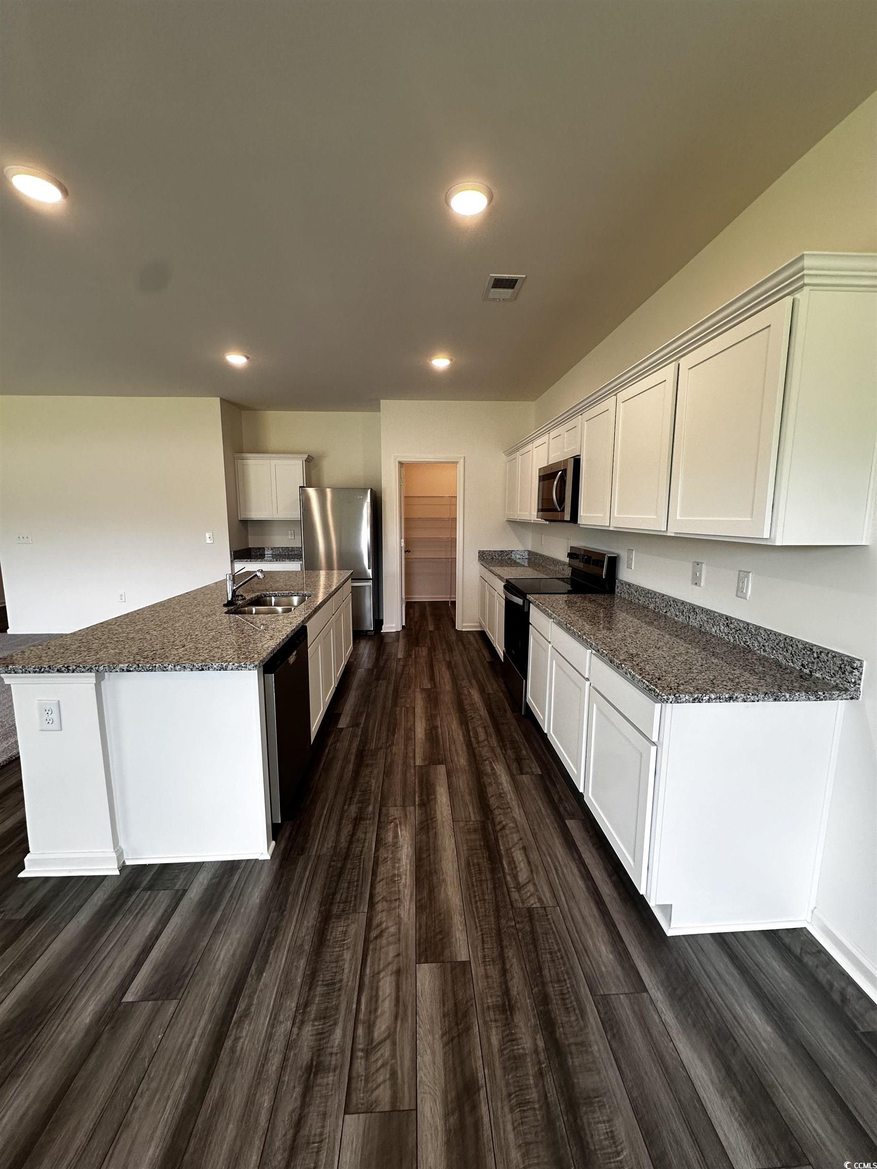Kitchen with dark wood-type flooring, an island wi