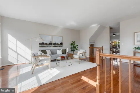 a view of a dining room with furniture a potted plant and wooden floor
