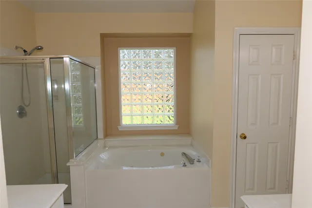 a bathroom with a bathtub and a shower