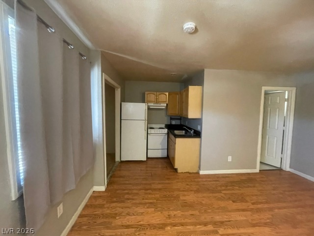 331 South 9th Street, Unit 2 Las Vegas, NV 89101 - Photo 2 of 4 A well-lit living area features warm wood flooring leading into a compact, functional kitchen.