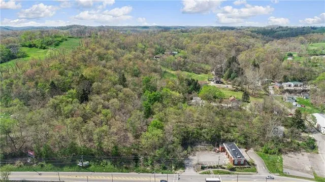 an aerial view of residential houses with outdoor space and trees