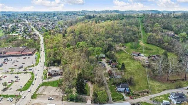 an aerial view of a forest with houses