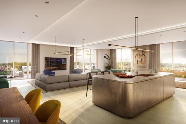 a living room with furniture a couch and a chandelier