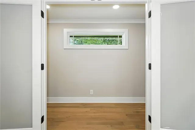 a view of a small space with a window