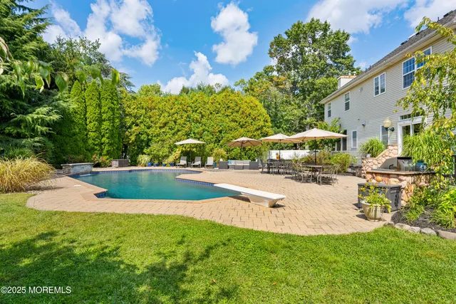 a view of a swimming pool with a garden