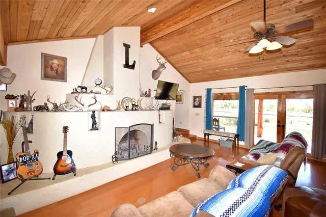 a living room with furniture a fireplace and a chandelier