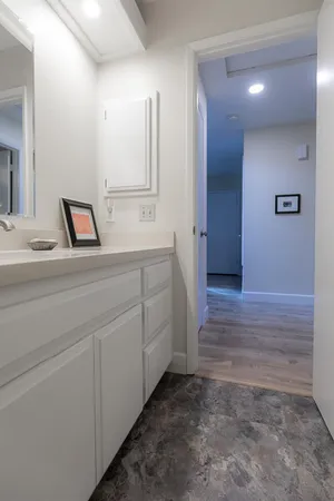 a bathroom with a sink and a mirror