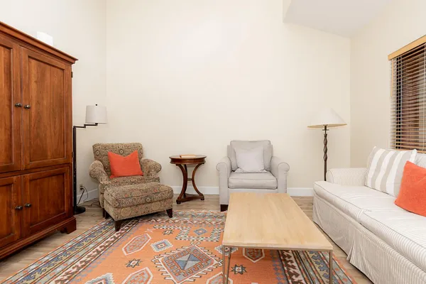 a living room with furniture and a rug