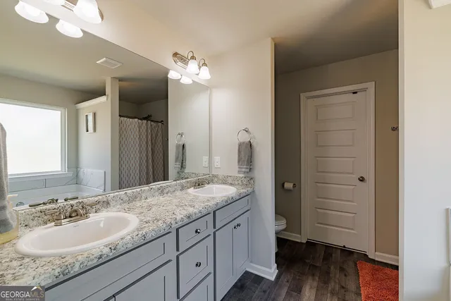 a bathroom with a granite countertop sink vanity and mirror