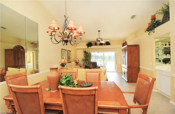 a view of a dining room with furniture window and outside view