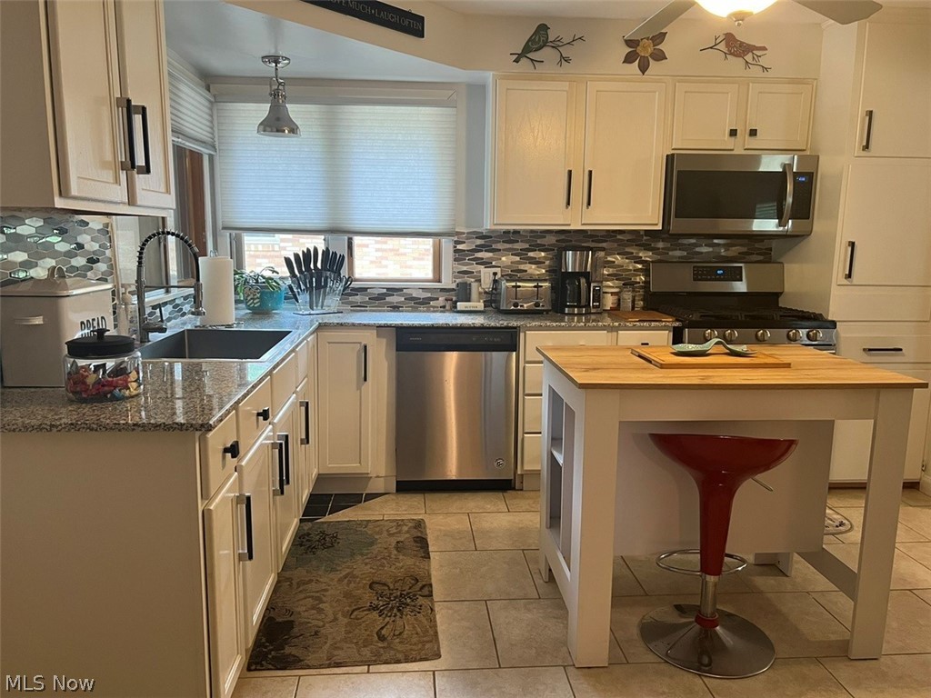 759 Truesdale Road Youngstown, OH 44511 - Photo 11 of 37 Kitchen with ceiling fan, appliances with stainless steel finishes, decorative backsplash, butcher block countertops, and sink