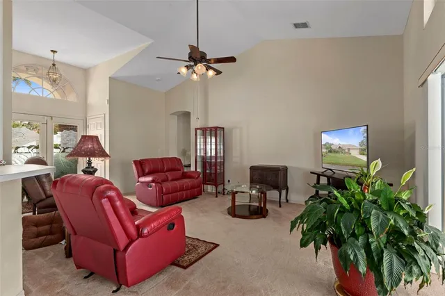 a living room with furniture a potted plant and a chandelier