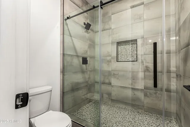 a bathroom with a toilet and a shower