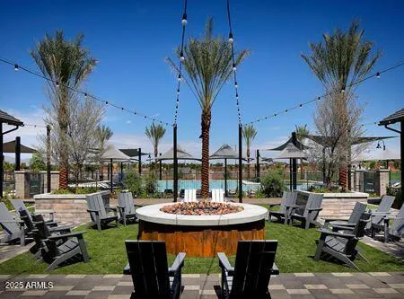 a view of a city with lawn chairs