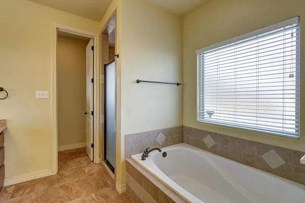 a bathroom with a tub a sink and a window