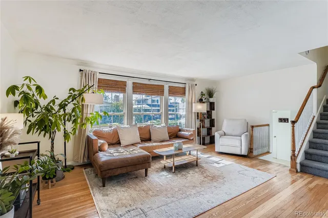 a living room with furniture and a large window with potted plants