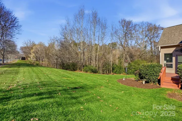 a view of a backyard with large trees