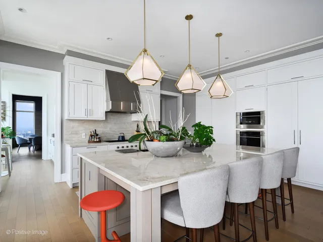 a view of a dining room and furniture