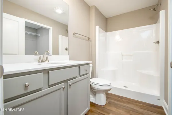a bathroom with a sink toilet a mirror and shower
