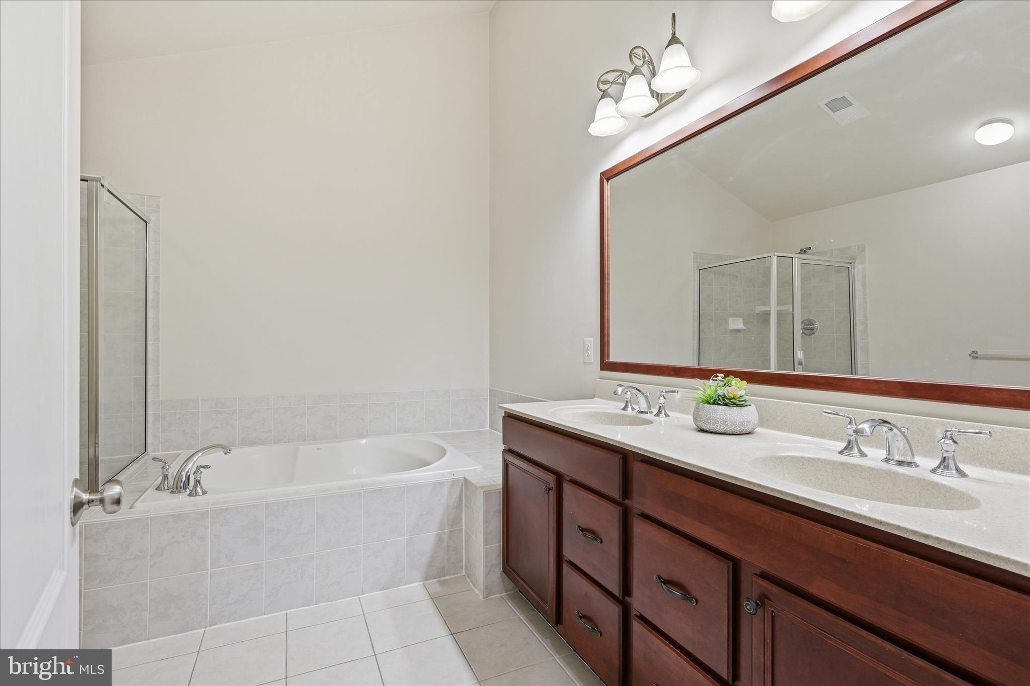 22908 North Brown Square Ashburn, VA 20148 - Photo 34 of 57 a bathroom with a tub a double vanity sink and a mirror