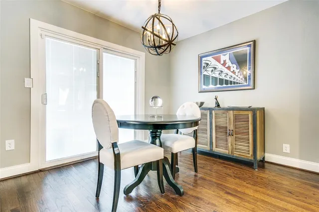 a view of a dining room with furniture wooden floor and a chandelier