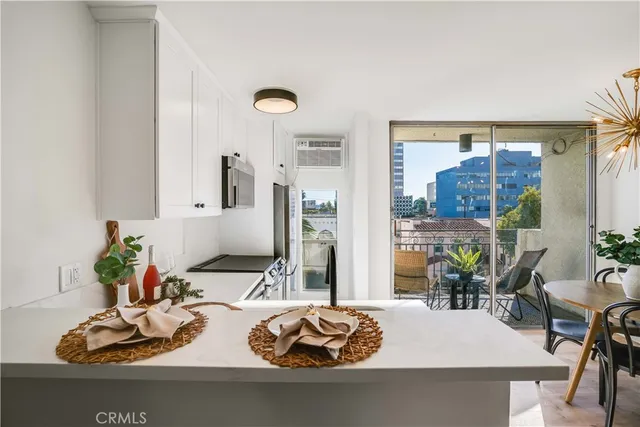 a view of a dining room with furniture